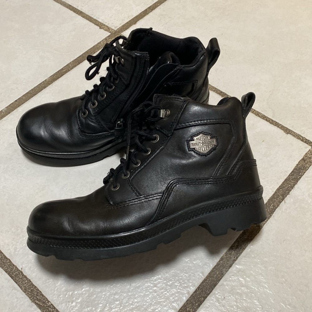 Harley-Davidson Black Leather Ankle Boots Lace-Up Durable, side sipper. - Picture 2 of 12